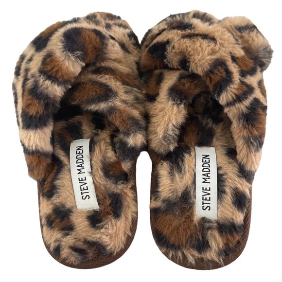 Steve Madden Criss Cross Faux Fur Leopard Print Slippers Size‎ 7 Cozy Comfy - Picture 4 of 9